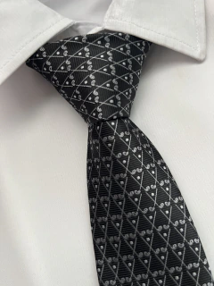Gravata Semi Slim Preta e Cinza Geométrica Jacquard - 2400 Fios - comprar online