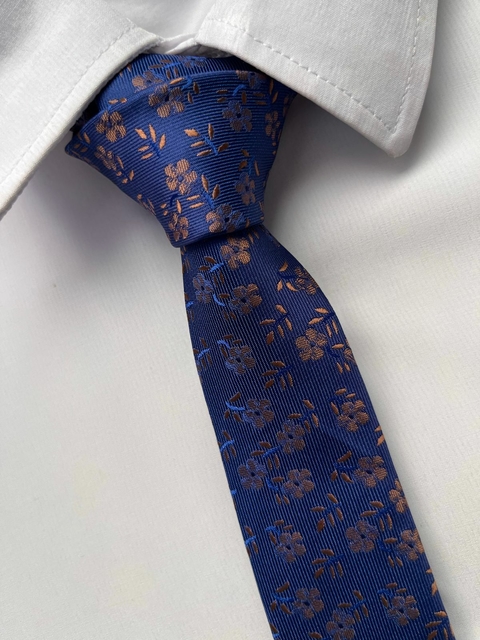 Gravata Slim Fit Azul Floral Azul