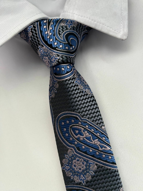 Gravata Slim Kashmir Azul e Rosa- 2400 fios