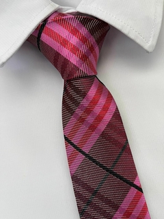 Gravata Slim Fit Xadrez Rosa Pink e Vinho