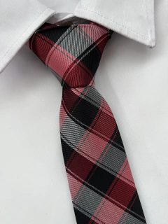 Gravata Slim Fit Xadrez Vermelha e Branca