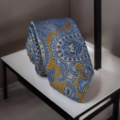 Gravata Slim Kashmir Azul e Amarela - 2400 fios - DF Gravatas 