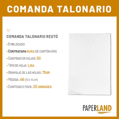 Comanda Talonario Restó Emblocada A6 10x14cm Hjs Lisas x 20u - comprar online