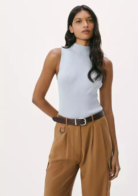 Regata Hering básica feminina gola alta em tricô canelado - azul