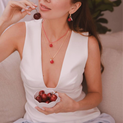 Colar Cereja Cristais Banhado a ouro 18k