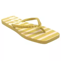 Chinelo rasteiro feminino com estampa listrada amarelo e branco e tiras confortáveis – perfeito para praia e piscina - Vicenza