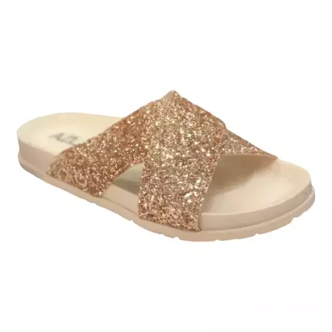 Slide feminino com tiras cruzadas em glitter gold e solado flatform branco - sandália casual com brilho ideal para looks descontraídos e estilosos - Azla 