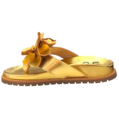 Sandália rasteira dourada feminina com detalhe floral, perfeita para quem busca conforto e estilo - Up Dn