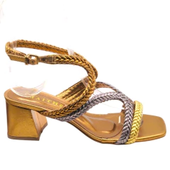 Sandália feminina de salto bloco bronze com tiras trançadas coloridas, estilo elegante e moderno ideal para festas e ocasiões casuais - Maithe