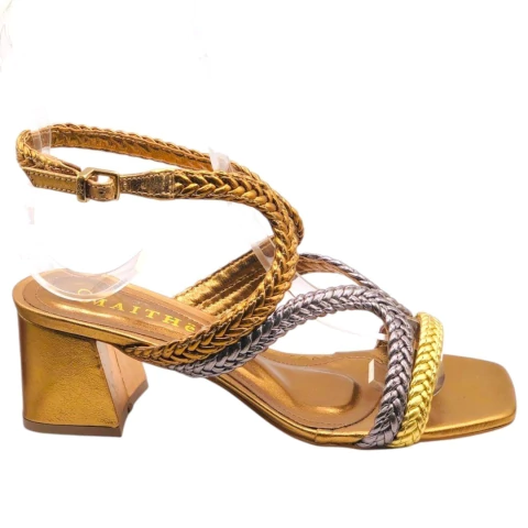 Sandália feminina de salto bloco bronze com tiras trançadas coloridas, estilo elegante e moderno ideal para festas e ocasiões casuais - Maithe