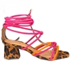 SANDÁLIA FEMININA SALTO BLOCO AMARRAÇÃO LARANJA/PINK ANIMAL PRINT SANTA FLOR 345025