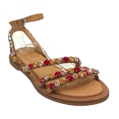 SANDÁLIA FEMININA RASTEIRA COURO BEGE PEDRARIA COLORIDA CARRANO 676013 - comprar online