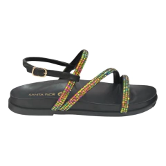 Sandália rasteira preta com tiras coloridas brilhantes e fechamento no tornozelo - leve, moderno e ideal para looks casuais de verão - Santa Flor 