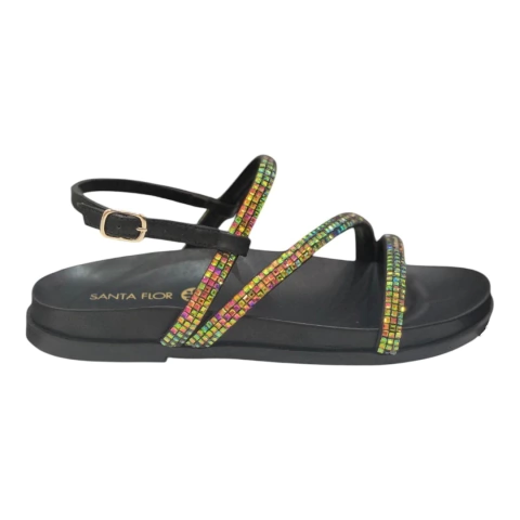 Sandália rasteira preta com tiras coloridas brilhantes e fechamento no tornozelo - leve, moderno e ideal para looks casuais de verão - Santa Flor 