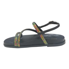 Rasteira feminina preta com tiras brilhantes e solado confortável - Santa Flor 