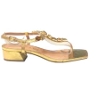 SANDÁLIA FEMININA SALTO BLOCO BAIXO METALIZADA DOURADO PEDRARIA SANTA FLOR 332039