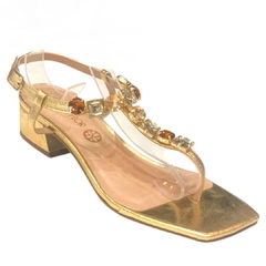 SANDÁLIA FEMININA SALTO BLOCO BAIXO METALIZADA DOURADO PEDRARIA SANTA FLOR 332039 - comprar online