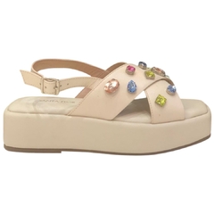 SANDÁLIA FEMININA RASTEIRA COURO PEDRARIA OFF WHITE SANTA FLOR 5080445