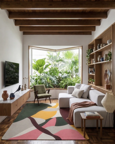 Tapete retangular colorido com design abstrato em verde, amarelo e rosa em sala de estar moderna com sofá branco, poltrona verde e estante de madeira