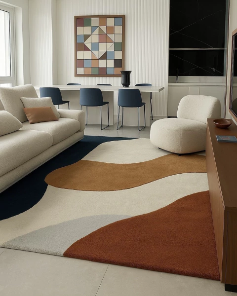 Tapete retangular com design ondulado em terracota e azul em uma sala moderna, Tapetes São José