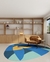 Tapete orgânico em tecido com design abstrato em azul, verde água, amarelo e alaranjado, Tapetes São José