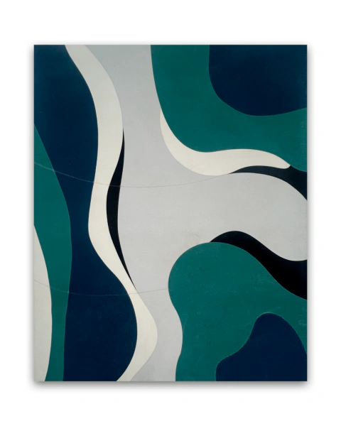 Tapete retangular para sala com design abstrato ondulado em off-white, verde, azul e preto