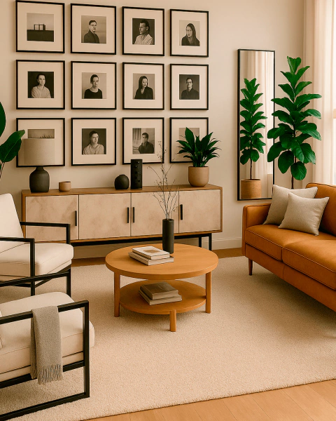 Tapete Entrelaço em nylon nas cores off-white e bege em uma sala de estar elegante com móveis modernos e decoração sofisticada.