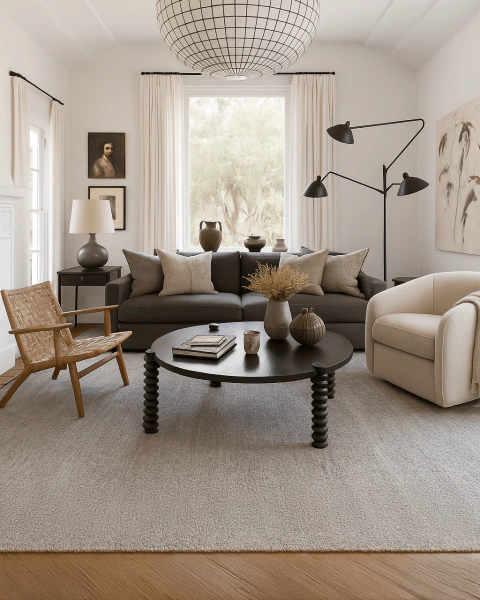 Tapete Entrelaço de nylon nas cores off-white e cinza Econyl decorando uma sala de estar moderna com sofá escuro, poltrona clara, mesa de centro preta e iluminação natural.