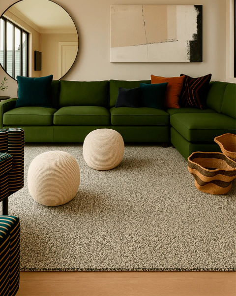 Tapete retangular Entrelaço em nylon Econyl nas cores off-white e verde escuro, decorando uma sala moderna com sofá verde e detalhes sofisticados.