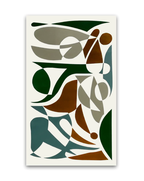 Tapete retangular para sala da Coleção Fibonacci, com design abstrato em tons de off-white, verde matte, verde escuro, bege e trigo, confeccionado em veludo.
