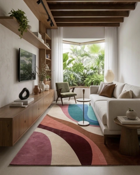 Tapete retangular colorido em sala de estar com tons de rosa, azul, verde e terracota, decorando ambiente moderno com sofá branco, poltrona verde e estante de madeira