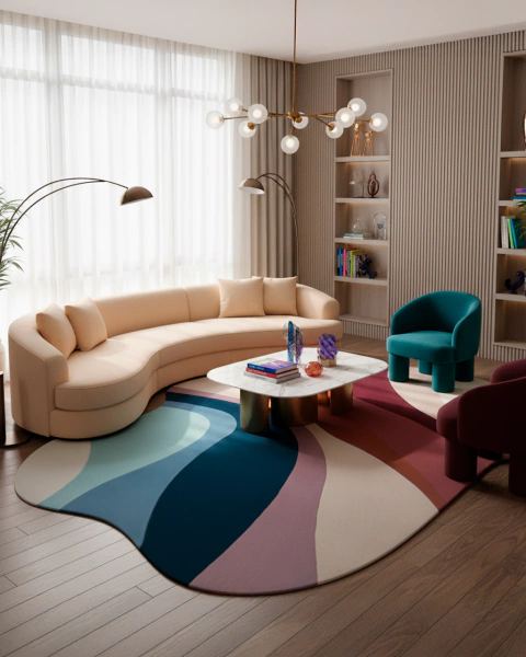 Tapete orgânico colorido da Coleção Wave em nylon Econyl, decorando uma sala moderna com sofá curvo bege, poltrona azul e mesa de centro em mármore.