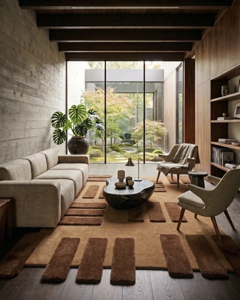 Tapete retangular mel e caramelo com design em relevo, em sala de estar moderna com sofá bege, poltronas claras e mesa de centro preta