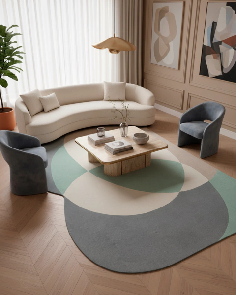 Tapete orgânico da coleção Iris em Econyl, com cores off-white, cinza, bege e verde claro, decorando uma sala moderna com sofá curvo, poltronas e mesa de centro.