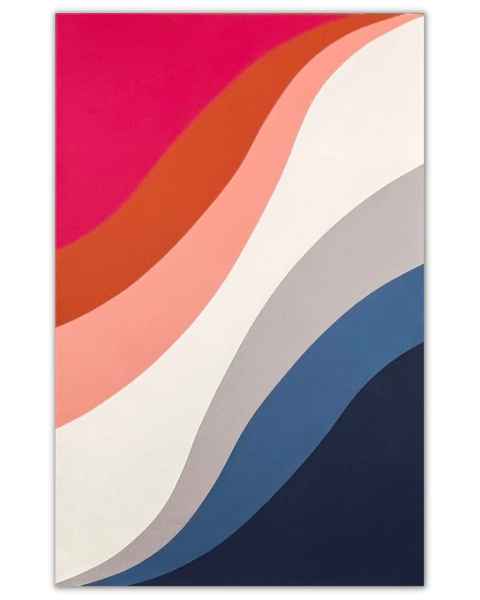 Tapete com design ondulado nas cores magenta, terracota, salmão, natural, cinza, azul e marinho.