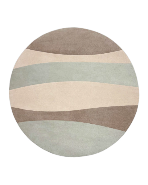 Tapete redondo com design ondulado nas cores marrom, bege e verde.