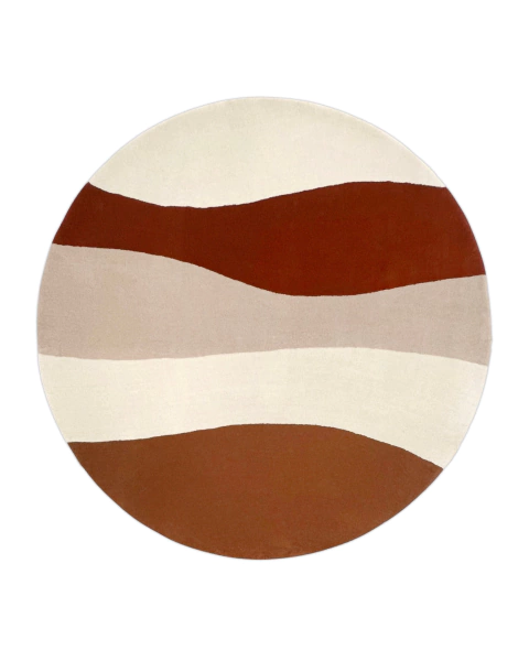 Tapete redondo Wave em nylon com padrão de ondas nas cores off-white, terracota, bege e mel, São José.