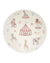 Tapete infantil redondo com tema de circo, fundo off-white e detalhes coloridos, incluindo animais e balões, São José.