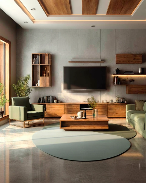 Tapete orgânico verde e verde claro da Coleção Seed em sala de estar moderna com móveis de madeira, sofá e poltrona verdes.