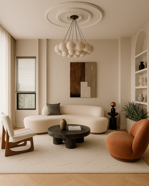 Tapete retangular off-white em nylon Econyl na sala de estar moderna, com sofá curvo, poltronas e mesa de centro, da Coleção Ecos.