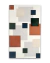 Tapete retangular para sala com design geométrico em quadrados nas cores off-white, verde, azul, cinza e terracota