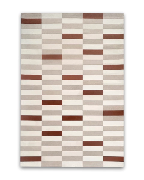 Tapete retangular para sala nas cores terracota, off-white e bege, com padrão geométrico de faixas horizontais, da Coleção Faixas.