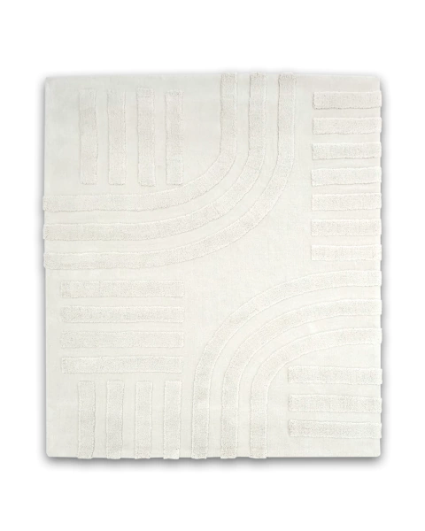 Tapete retangular off-white para sala com textura e padrões geométricos em relevo
