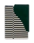 Tapete para sala com padrão orgânico em listras horizontais off-white e preto, com uma forma curva verde escuro no canto superior direito
