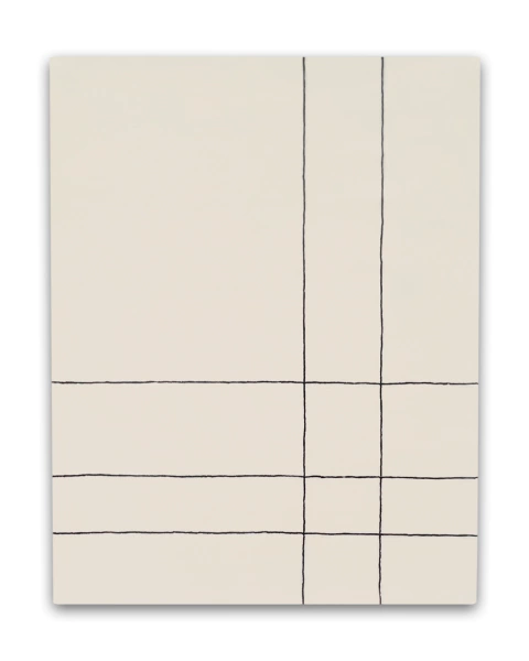 Tapete retangular para sala na cor off-white com linhas pretas, design minimalista da Coleção Slim, tamanho 2,70 x 2,10 metros.