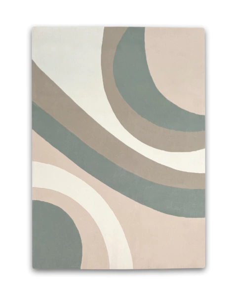 Tapete retangular para sala da Coleção Kurve, feito de nylon Econyl, com design moderno em tons bege, off-white, fendi e matte green.