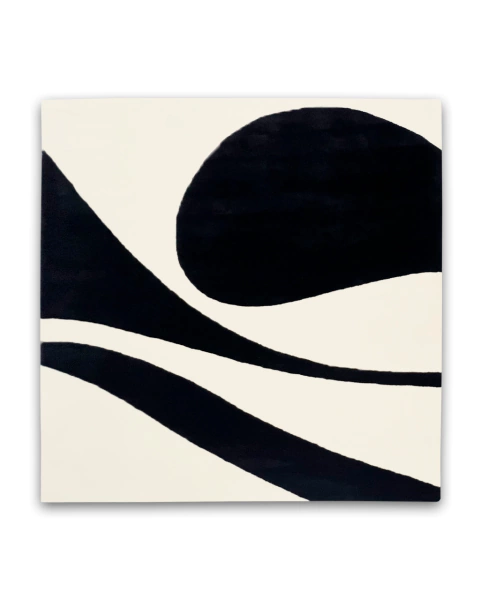 Tapete retangular para sala da Coleção Main, feito em nylon Econyl, nas cores off-white e preto, com desenho abstrato de linhas onduladas.