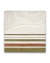 Tapete retangular para sala com design exclusivo em nylon Econyl, nas cores musgo, caramelo e off-white com texturas em duas alturas e linhas onduladas e listras horizontais