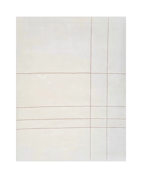 Tapete em nylon nas cores off-white e trigo, com padrão geométrico sutil.