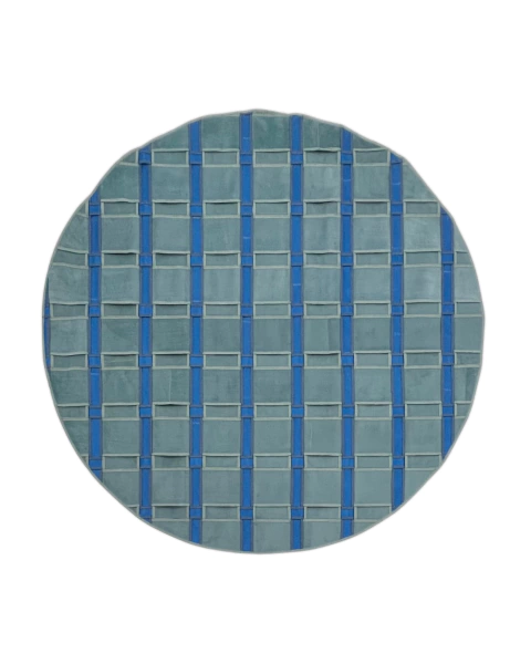 Tapete artesanal redondo para sala de 1,76 m nas cores azul e verde, com padrão trançado e acabamento em veludo e linho, Tapetes São José